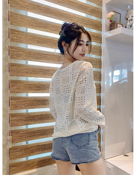 长袖米镂空衣