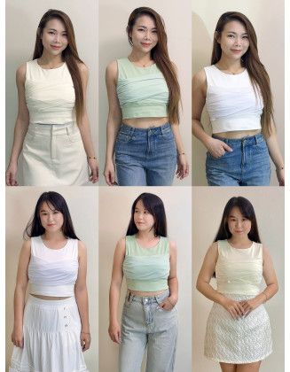 交叉抓褶美背上衣