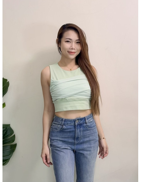 交叉抓褶美背上衣
